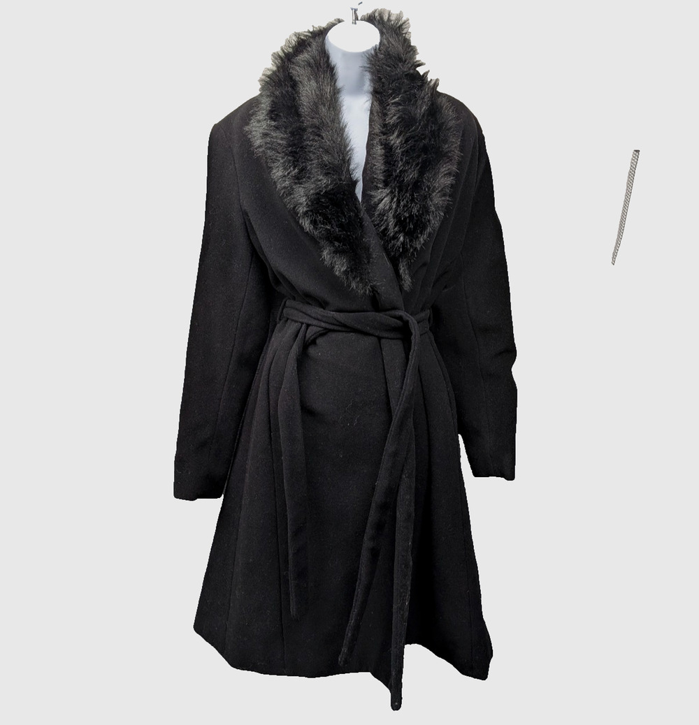 Esprit Wool Coat Womens Large Long Wool Faux Fur Collar Trim 90s Tie Waist Glam